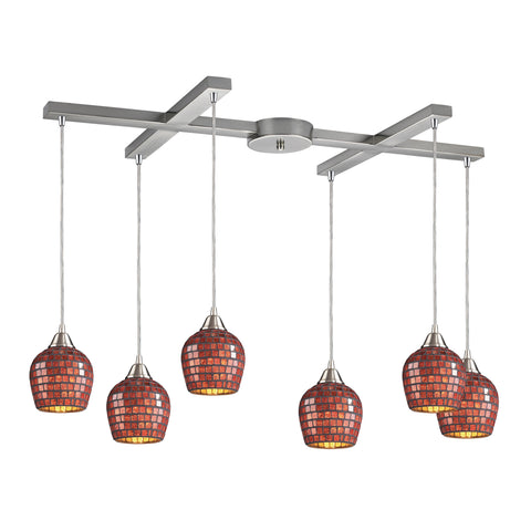 6 Light Pendant In Satin Nickel And Copper Mosaic Glass