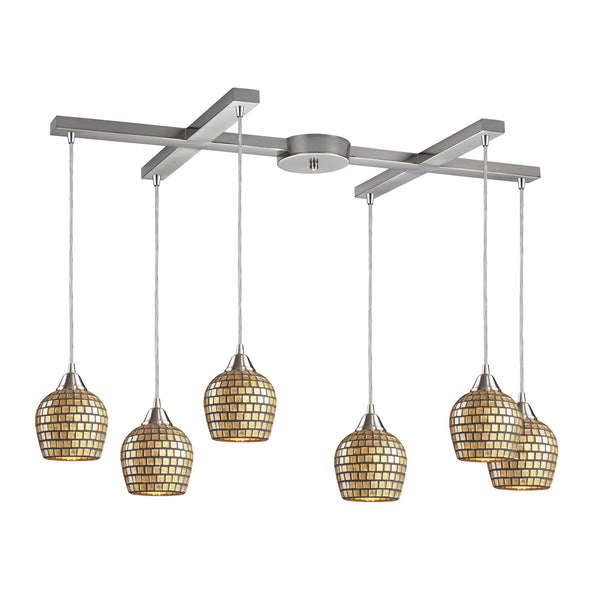 6 Light Pendant In Satin Nickel And Gold Mosaic Glass