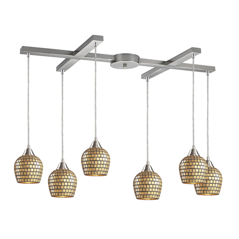 6 Light Pendant In Satin Nickel And Gold Mosaic Glass