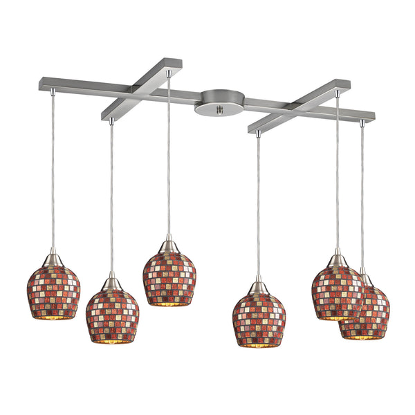 6 Light Pendant In Satin Nickel And Multi Mosaic Glass