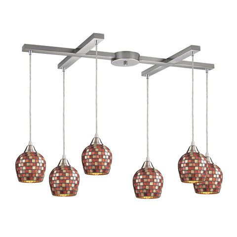 6 Light Pendant In Satin Nickel And Multi Mosaic Glass
