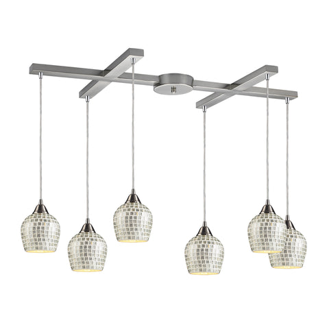 6 Light Pendant In Satin Nickel And Silver Mosaic Glass