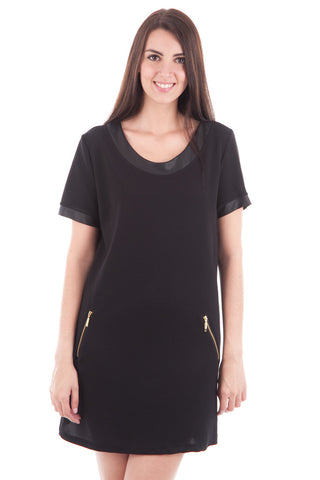 Black Shift Dress with Leather Look and Zip Details-Black-Small - UK (8-10)