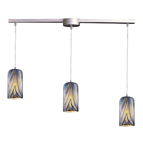 3 Light Pendant In Satin Nickel And Molten Ocean Glass