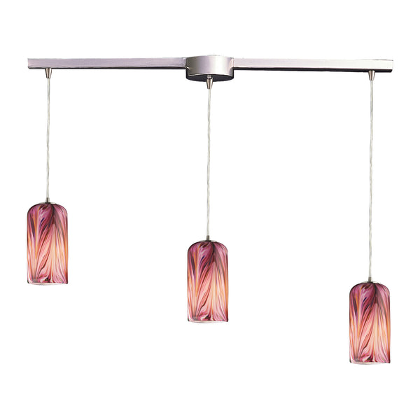 3 Light Pendant In Satin Nickel And Molten Rose Glass