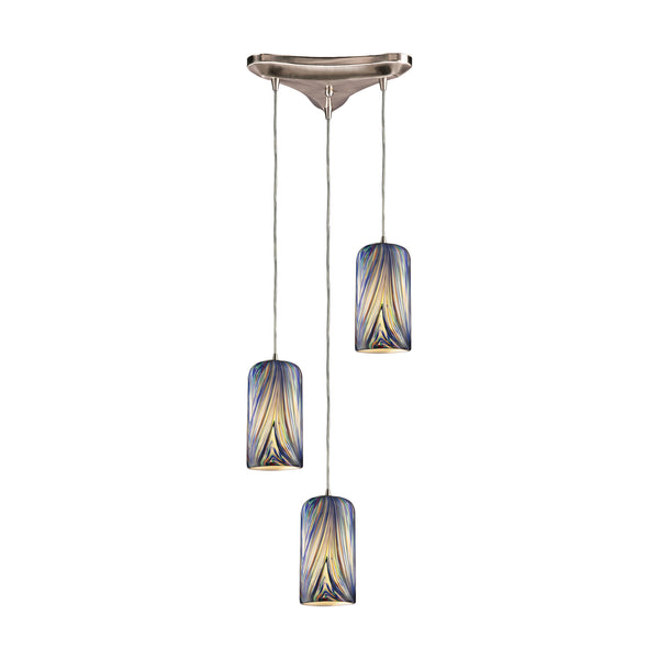 3 Light Pendant In Satin Nickel And Molten Ocean Glass