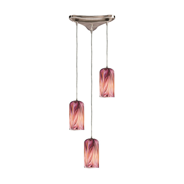 3 Light Pendant In Satin Nickel And Molten Rose Glass