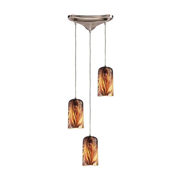 3 Light Pendant In Satin Nickel And Molten Sunset Glass
