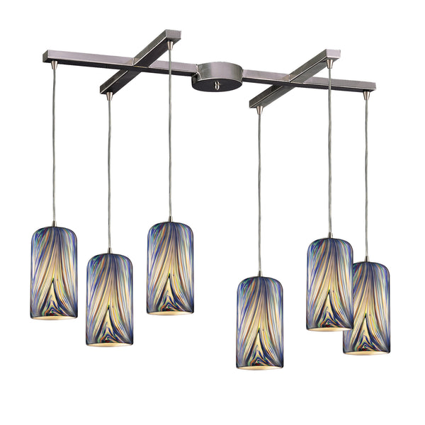 6 Light Pendant In Satin Nickel And Molten Ocean Glass