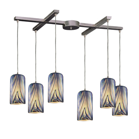6 Light Pendant In Satin Nickel And Molten Ocean Glass