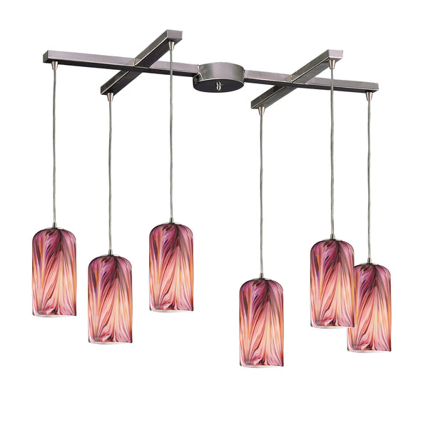 6 Light Pendant In Satin Nickel And Molten Rose Glass