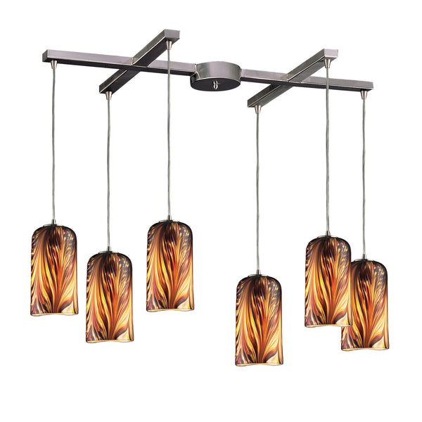 6 Light Pendant In Satin Nickel And Molten Sunset Glass