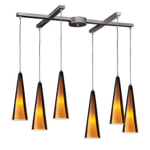 6 Light Pendant In Satin Nickel And Sahara Glass
