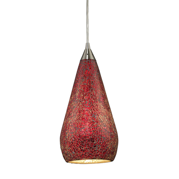 1 Light Pendant In Satin Nickel With Ruby Crackle