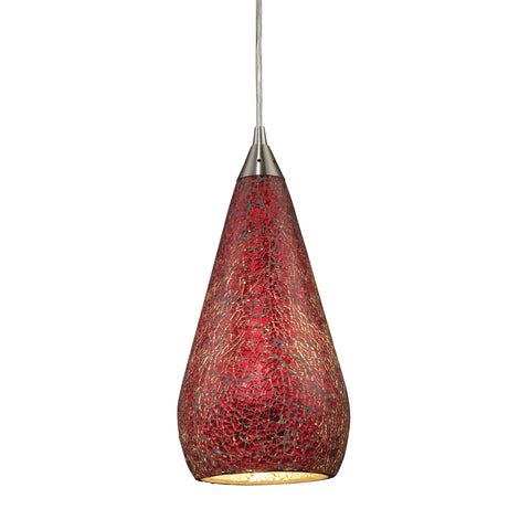 1 Light Pendant In Satin Nickel With Ruby Crackle