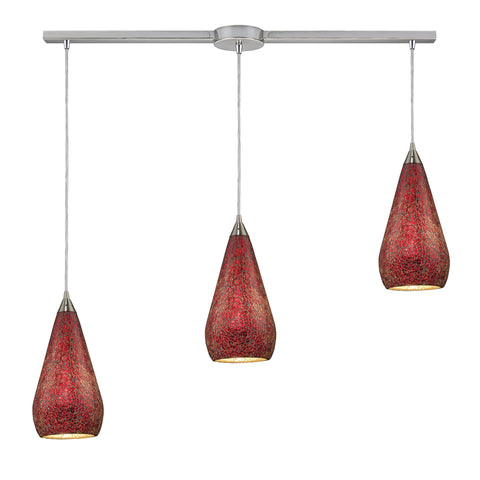 3 Light Linear Pendant In Satin Nickel With Ruby Crackle