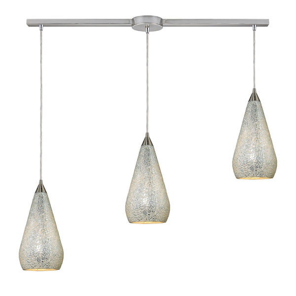 3 Light Linear Pendant In Satin Nickel With Silver Crackle