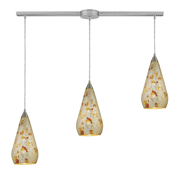 3 Light Linear Pendant In Satin Nickel With Silver Multicrackle