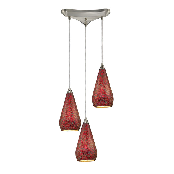 3 Light Pendant In Satin Nickel With Ruby Crackle