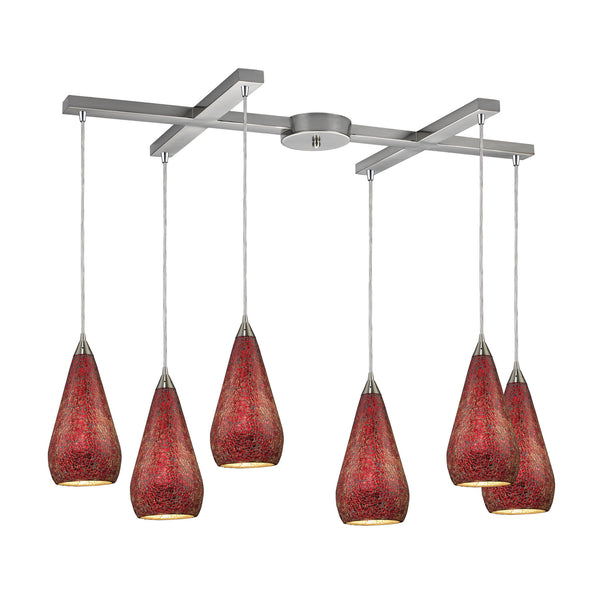 6 Light Pendant In Satin Nickel With Ruby Crackle