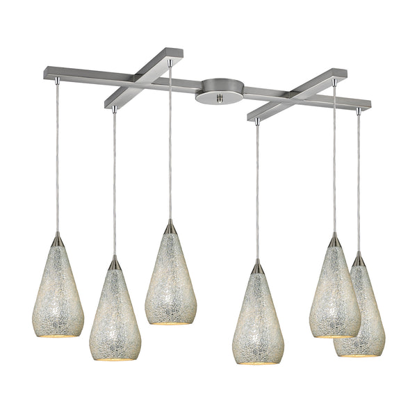 6 Light Pendant In Satin Nickel With Silver Crackle