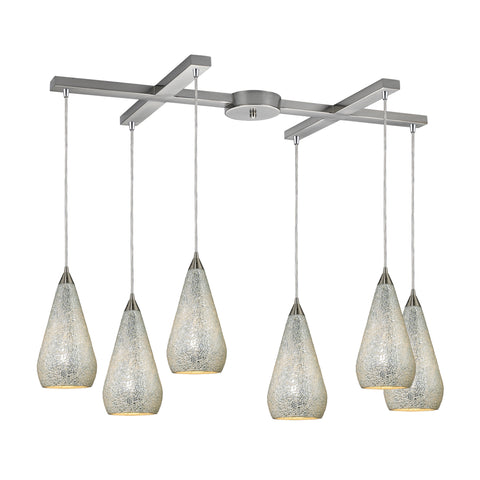6 Light Pendant In Satin Nickel With Silver Crackle