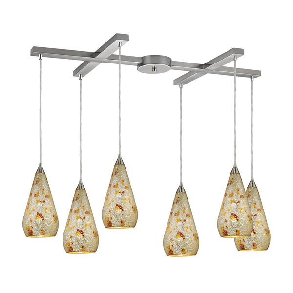 6 Light Pendant In Satin Nickel With Silver Multi Crackle