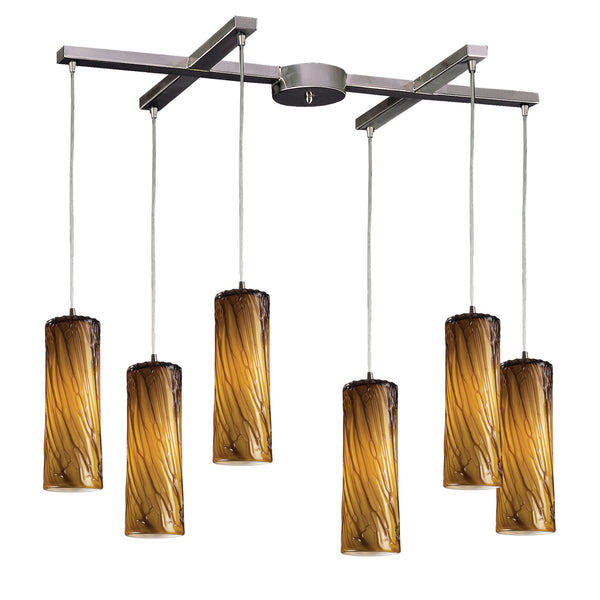 6 Light Pendant In Satin Nickel With Maple Amber