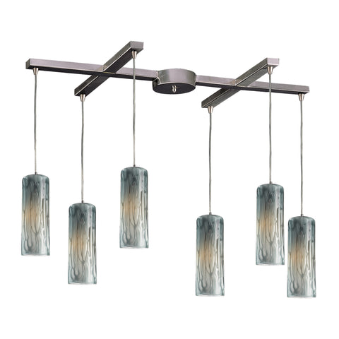 6 Light Pendant In Satin Nickel With Maple Dusk