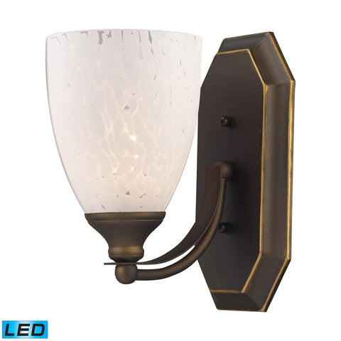 1 Light Vanity In Aged Bronze And Snow White Glass - LED Offering Up To 800 Lumens (60 Watt Equivalent) With Full Range Dimming. Includes An Easily Replaceable LED Bulb (120V).