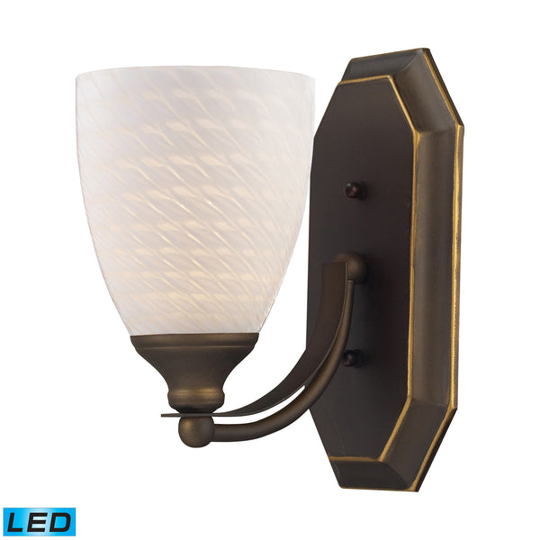 1 Light Vanity In Aged Bronze And White Swirl Glass - LED Offering Up To 800 Lumens (60 Watt Equivalent) With Full Range Dimming. Includes An Easily Replaceable LED Bulb (120V).
