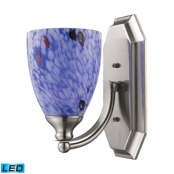 1 Light Vanity In Satin Nickel And Starburst Blue Glass - LED Offering Up To 800 Lumens (60 Watt Equivalent) With Full Range Dimming. Includes An Easily Replaceable LED Bulb (120V).