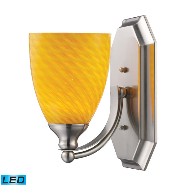 1 Light Vanity In Satin Nickel And Canary Glass - LED Offering Up To 800 Lumens (60 Watt Equivalent) With Full Range Dimming. Includes An Easily Replaceable LED Bulb (120V).