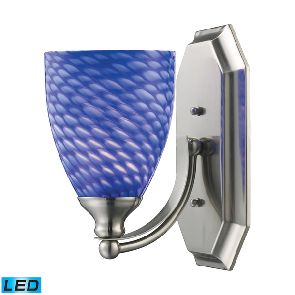 1 Light Vanity In Satin Nickel And Sapphire Glass - LED Offering Up To 800 Lumens (60 Watt Equivalent) With Full Range Dimming. Includes An Easily Replaceable LED Bulb (120V).