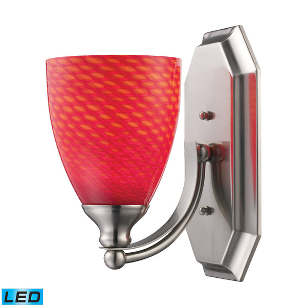 1 Light Vanity In Satin Nickel And Scarlet Red Glass - LED Offering Up To 800 Lumens (60 Watt Equivalent) With Full Range Dimming. Includes An Easily Replaceable LED Bulb (120V).