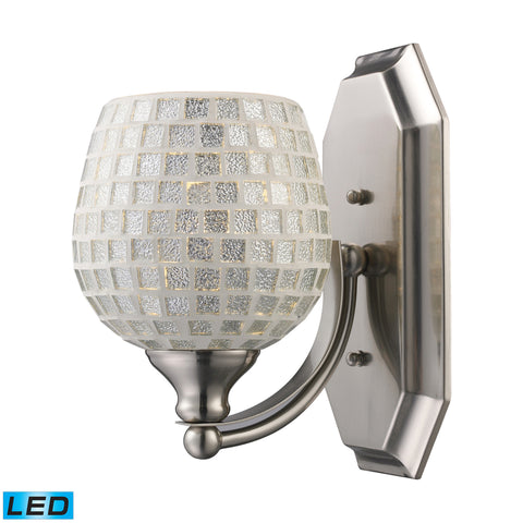 1 Light Vanity In Satin Nickel And Silver Mosaic Glass - LED Offering Up To 800 Lumens (60 Watt Equivalent) With Full Range Dimming. Includes An Easily Replaceable LED Bulb (120V).