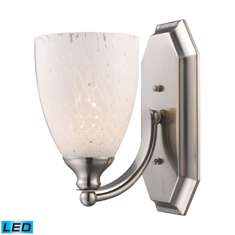 1 Light Vanity In Satin Nickel And Snow White Glass - LED Offering Up To 800 Lumens (60 Watt Equivalent) With Full Range Dimming. Includes An Easily Replaceable LED Bulb (120V).
