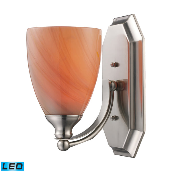 1 Light Vanity In Satin Nickel And Sandy Glass - LED Offering Up To 800 Lumens (60 Watt Equivalent) With Full Range Dimming. Includes An Easily Replaceable LED Bulb (120V).