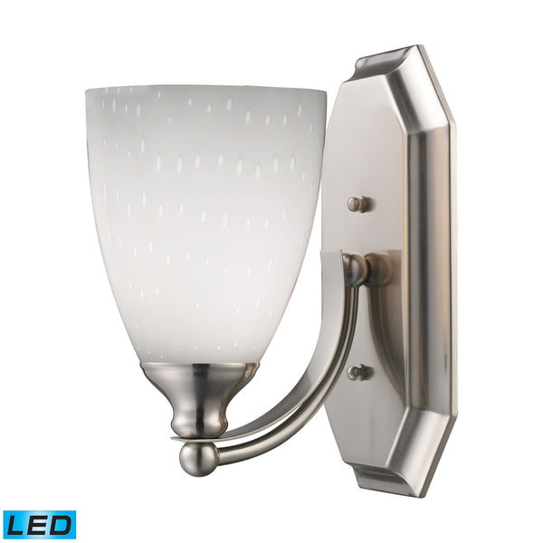 1 Light Vanity In Satin Nickel And Simply White Glass - LED Offering Up To 800 Lumens (60 Watt Equivalent) With Full Range Dimming. Includes An Easily Replaceable LED Bulb (120V).