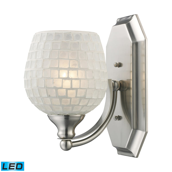 1 Light Vanity In Satin Nickel And White Mosaic Glass - LED Offering Up To 800 Lumens (60 Watt Equivalent) With Full Range Dimming. Includes An Easily Replaceable LED Bulb (120V).