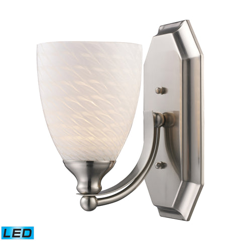 1 Light Vanity In Satin Nickel And White Swirl Glass - LED Offering Up To 800 Lumens (60 Watt Equivalent) With Full Range Dimming. Includes An Easily Replaceable LED Bulb (120V).