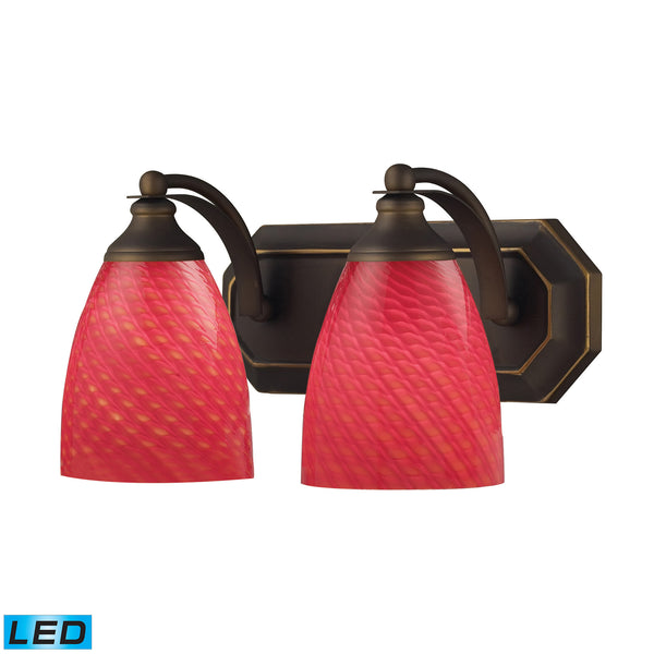 2 Light Vanity In Aged Bronze And scarlet Red Glass - LED, 800 Lumens (1600 Lumens Total) With Full Scale Dimming Range, 60 Watt (120 Watt Total)Equivalent , 120V Replaceable LED Bulb Included
