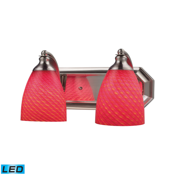 2 Light Vanity In Satin Nickel And scarlet Red Glass - LED, 800 Lumens (1600 Lumens Total) With Full Scale Dimming Range, 60 Watt (120 Watt Total)Equivalent , 120V Replaceable LED Bulb Included