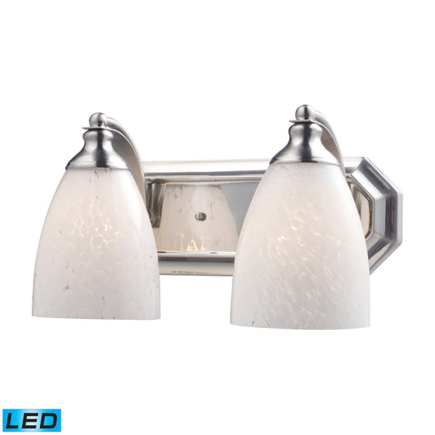 2 Light Vanity In Satin Nickel And Snow White Glass - LED, 800 Lumens (1600 Lumens Total) With Full Scale Dimming Range, 60 Watt (120 Watt Total)Equivalent , 120V Replaceable LED Bulb Included