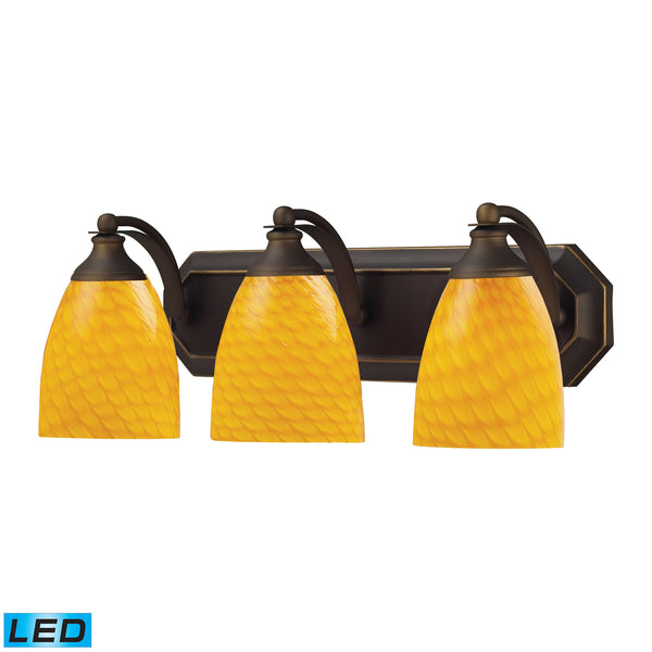 3 Light Vanity In Aged Bronze And Canary Glass - LED, 800 Lumens (2400 Lumens Total) With Full Scale Dimming Range, 60 Watt (180 Watt Total)Equivalent , 120V Replaceable LED Bulb Included