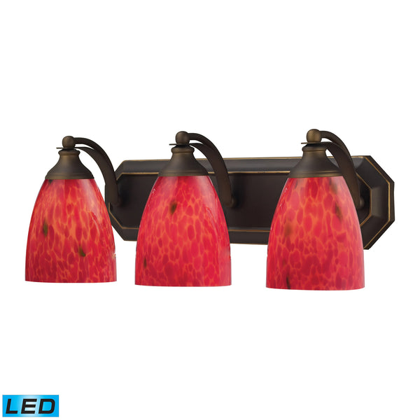 3 Light Vanity In Aged Bronze And Fire Red Glass - LED, 800 Lumens (2400 Lumens Total) With Full Scale Dimming Range, 60 Watt (180 Watt Total)Equivalent , 120V Replaceable LED Bulb Included