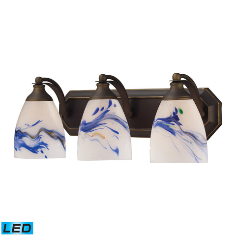 3 Light Vanity In Aged Bronze And Mountain Glass - LED, 800 Lumens (2400 Lumens Total) With Full Scale Dimming Range, 60 Watt (180 Watt Total)Equivalent , 120V Replaceable LED Bulb Included