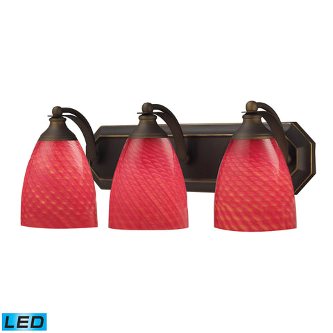 3 Light Vanity In Aged Bronze And scarlet Red Glass - LED, 800 Lumens (2400 Lumens Total) With Full Scale Dimming Range, 60 Watt (180 Watt Total)Equivalent , 120V Replaceable LED Bulb Included