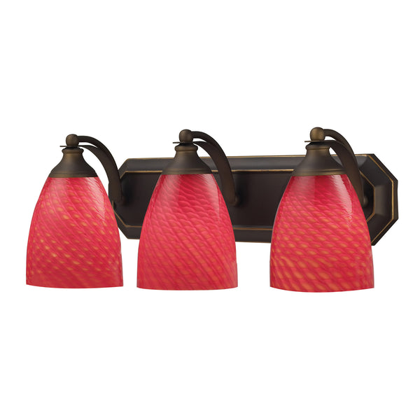 3 Light Vanity In Aged Bronze And scarlet Red Glass