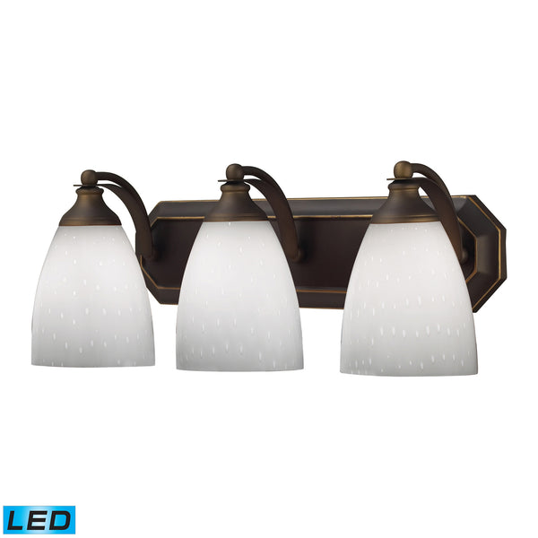 3 Light Vanity In Aged Bronze And Simply White Glass - LED, 800 Lumens (2400 Lumens Total) With Full Scale Dimming Range, 60 Watt (180 Watt Total)Equivalent , 120V Replaceable LED Bulb Included